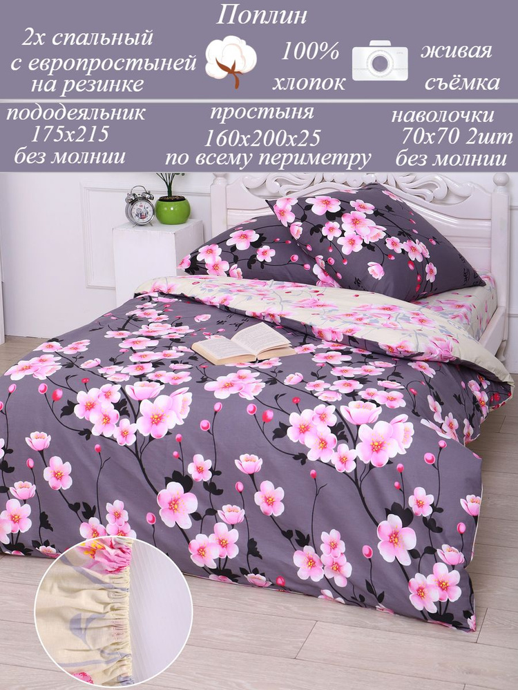 Комплект постельного белья(КПБ) Поплин (100% хлопок) 2х спальный с европростыней 160x200 на резинке  #1