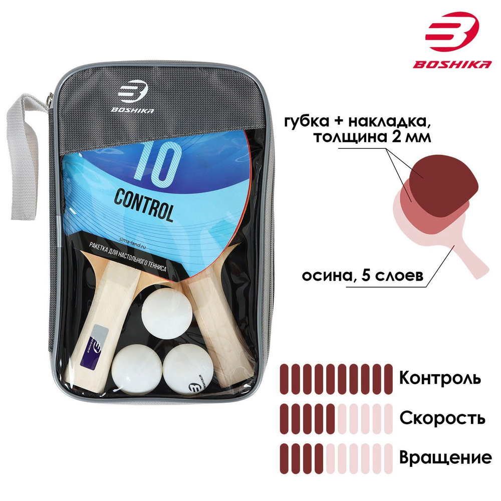 Набор для настольного тенниса BOSHIKA "Control 10" , 2 ракетки ,3 мяча, накладка 1,5 мм , коническая #1