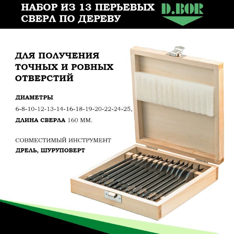 Сверла перьевые набор по дереву 13 шт от 6-25 мм, D.BOR Германия ...