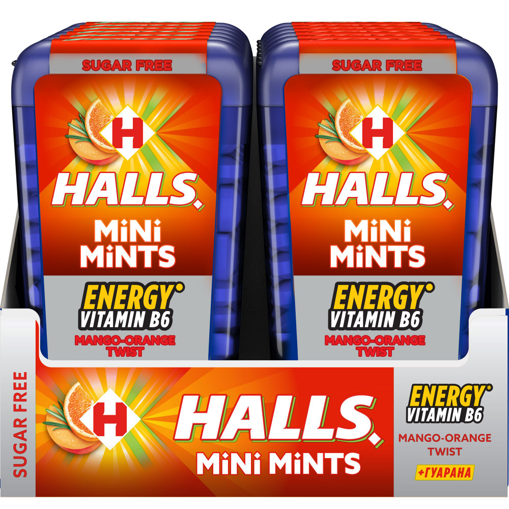Конфеты без сахара Halls Mini Mints Mango-Orange Twist, с витаминов В6 и экстрактом гуараны, со вкусом #1