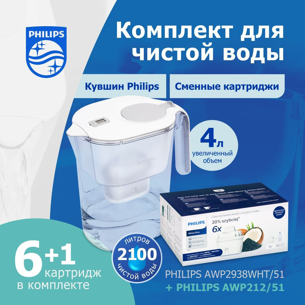 Комплект: кувшин для очистки воды Philips AWP2938WHT, 4 л, цифровой таймер + сменные картриджи Philips #1