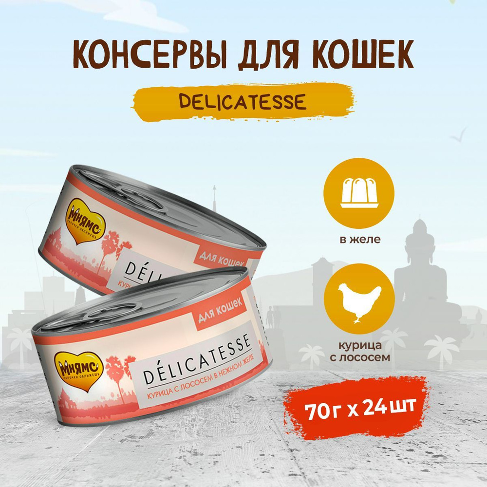 Мнямс влажный корм для взрослых кошек Курица с лососем в нежном желе, в ...