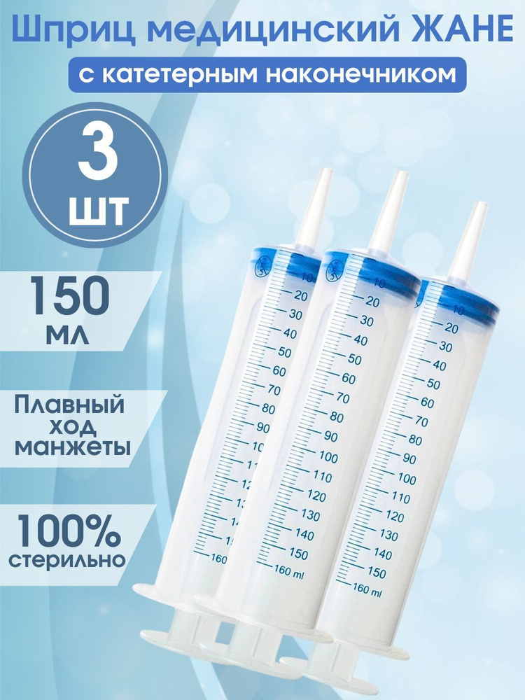 Шприц большой, ЖАНЕ, 150 мл / медицинский с наконечником под катетер, 3 штуки / откачивания жидкостей #1