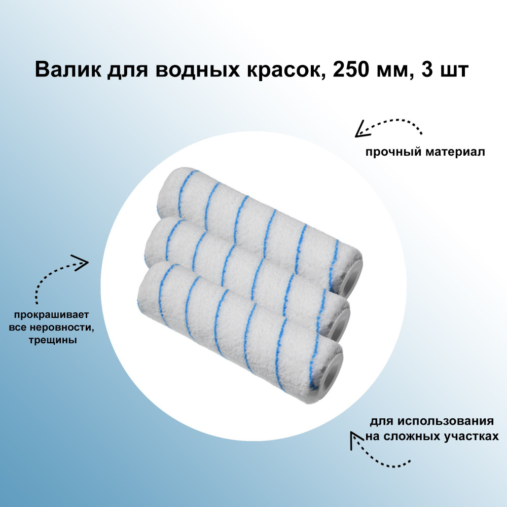 Валик для водных красок 250 мм/3 шт., применим для покраски стен и поклейки  обоев, для ремонта дома и офиса, хорошо впитывает, не оставляет ворсинок  при использовании купить по выгодной цене в интернет-магазине