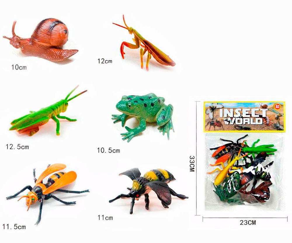 Набор насекомых 6 фигурок ( Кузнечик, богомол, оса, пчела, улитка, лягушка)