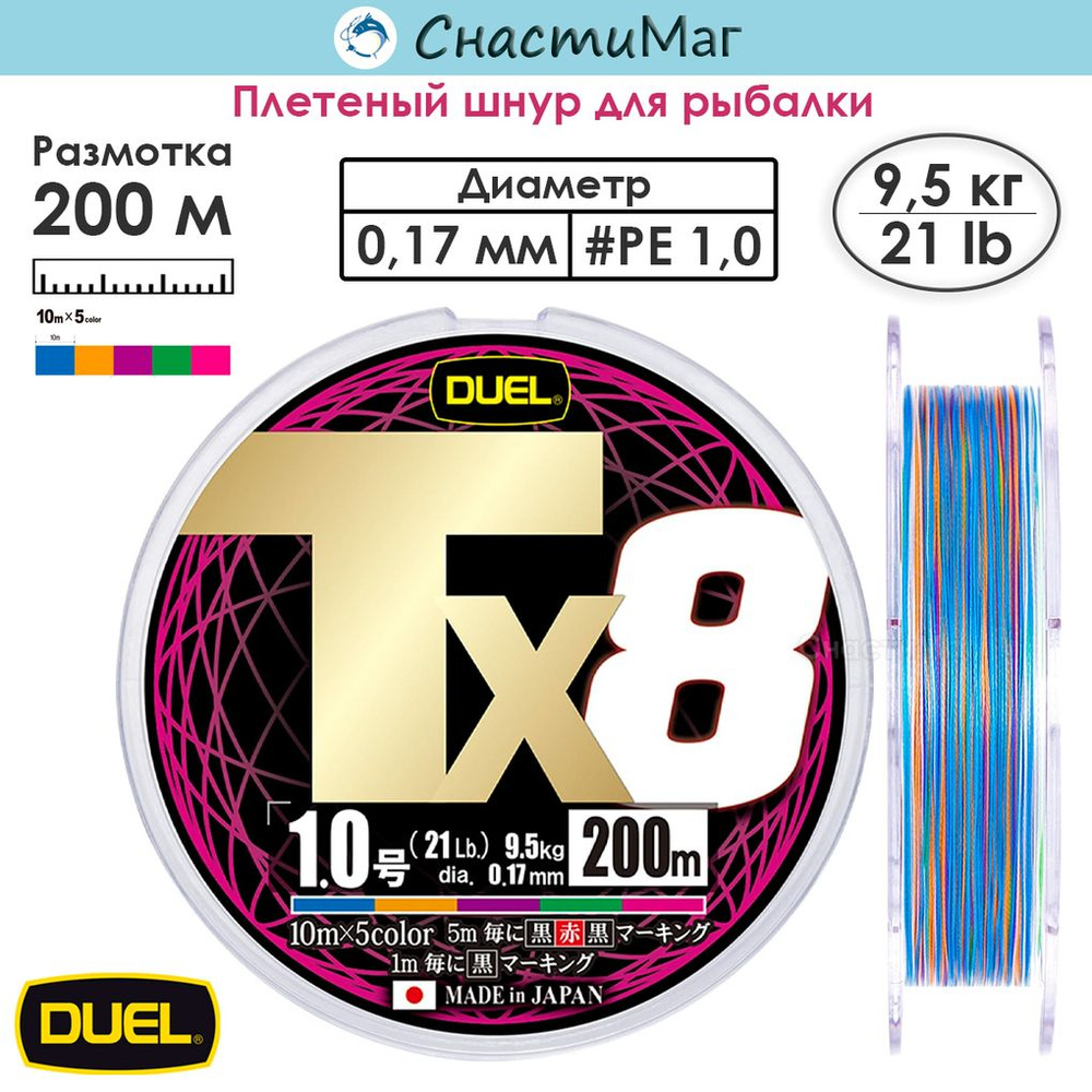 Плетеный шнур Duel PE Tx8 200м 5Color #1,0 (0,17мм) 9,5кг #1