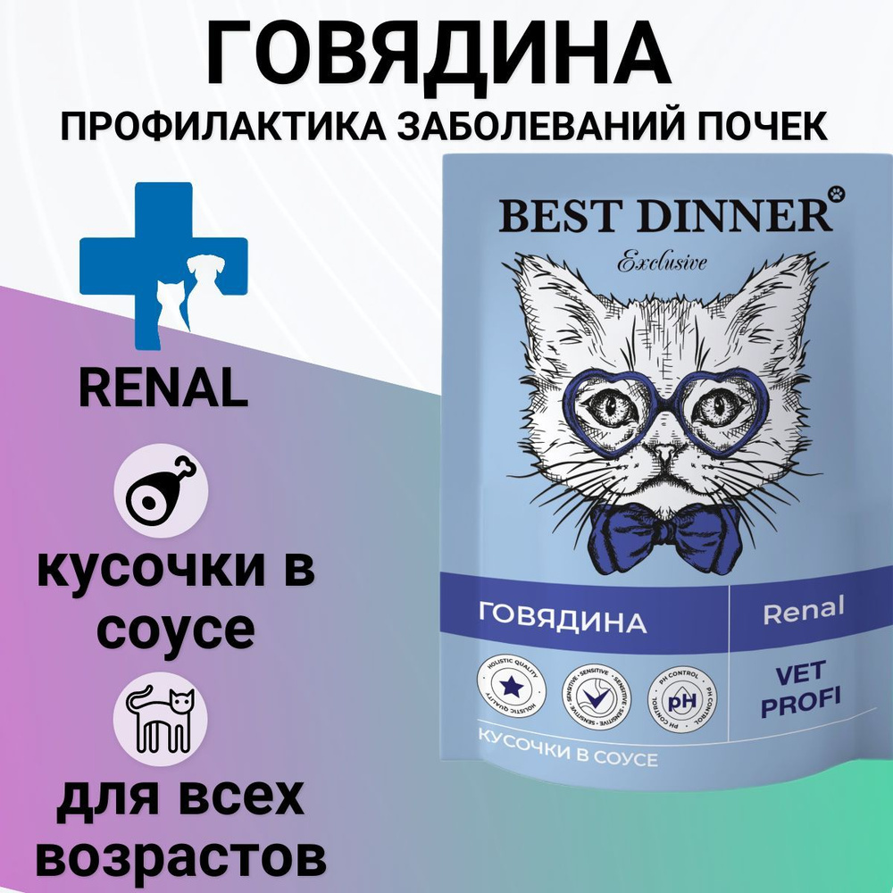 Влажный корм Best Dinner Vet Profi Renal для любых кошек кусочки в соусе с  говядиной, для профилактики заболевания почек 85гр - купить с доставкой по  выгодным ценам в интернет-магазине OZON (903971653)