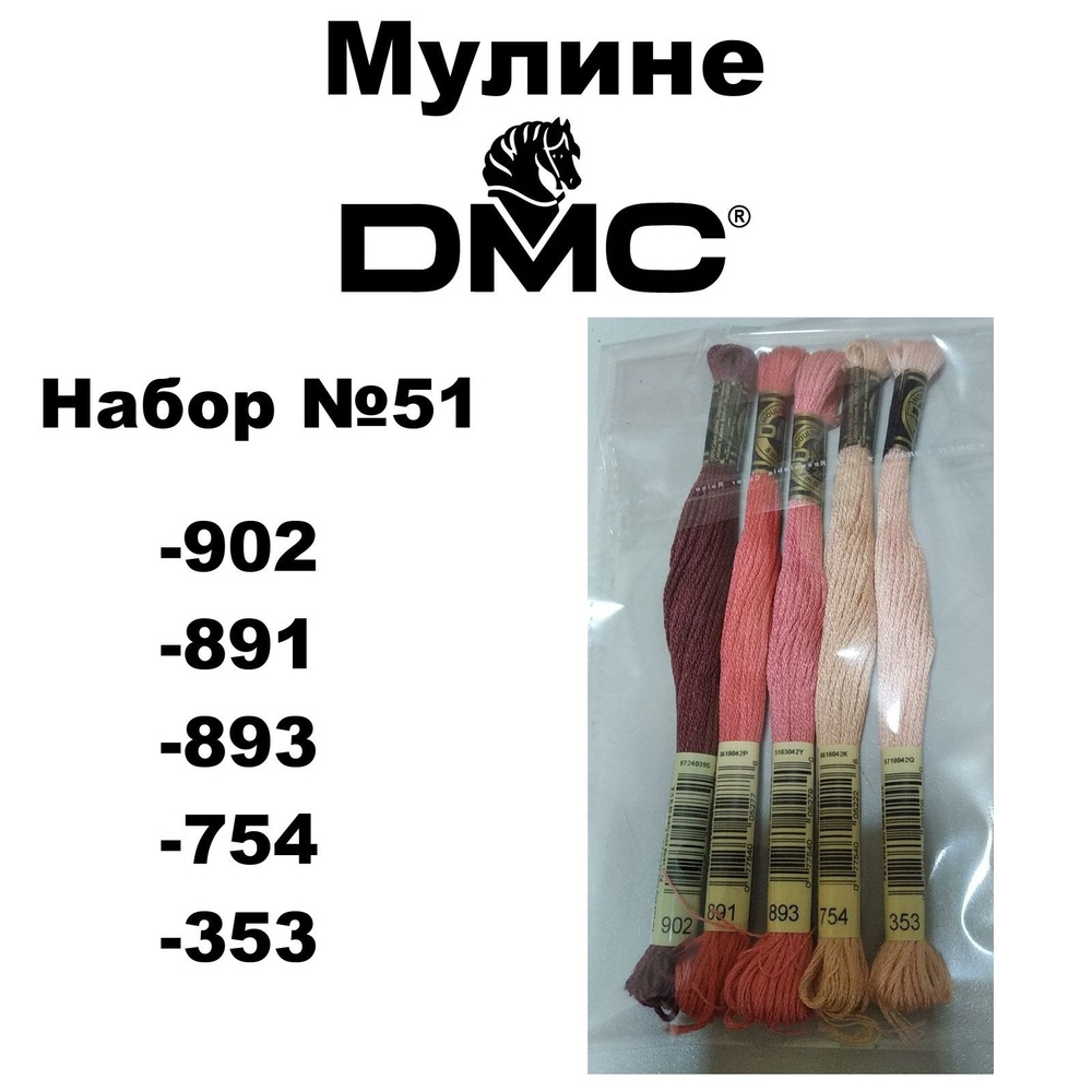 Нитки мулине DMC Embroidery для вышивания / Набор №51 / цвета 902, 891, 893, 754, 353  #1