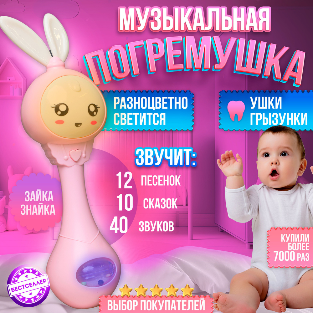 Интерактивная музыкальная игрушка Умный Малыш, цвет розовый / Силиконовый  грызунок - прорезыватель для зубов малышей