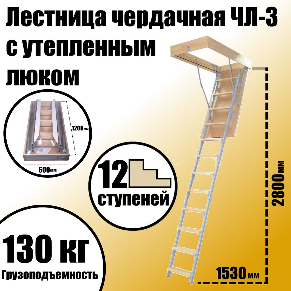 Лестница чердачная ЧЛ-3 с утепленным люком 600х1200 мм L-2800 #1