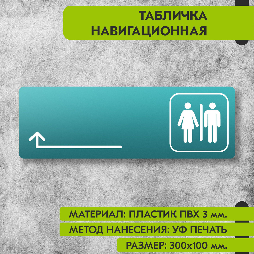 Табличка навигационная "Туалет налево и направо" бирюзовая, 300х100 мм., для офиса, кафе, магазина, салона #1