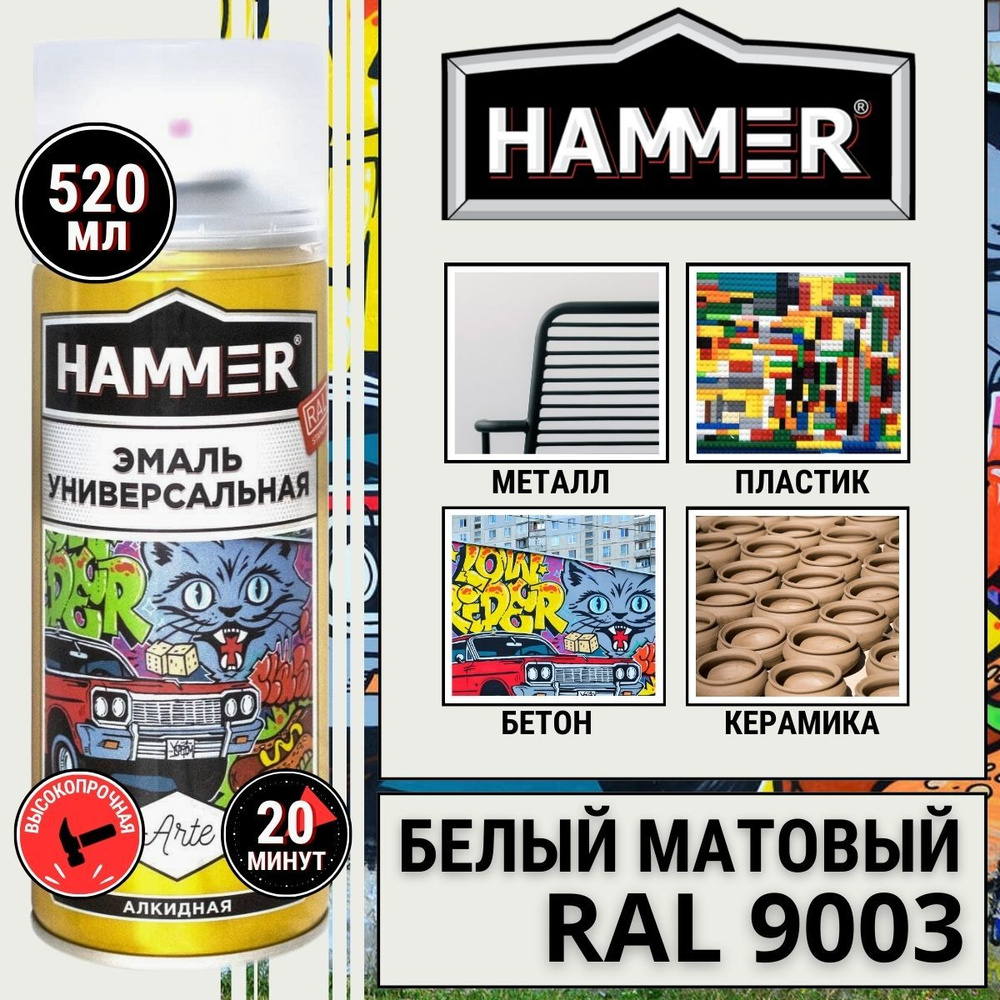 Аэрозольная краска HAMMER арте_эко Быстросохнущая, Алкидная, Матовое  покрытие, белый - купить в интернет-магазине OZON по выгодной цене  (476876211)