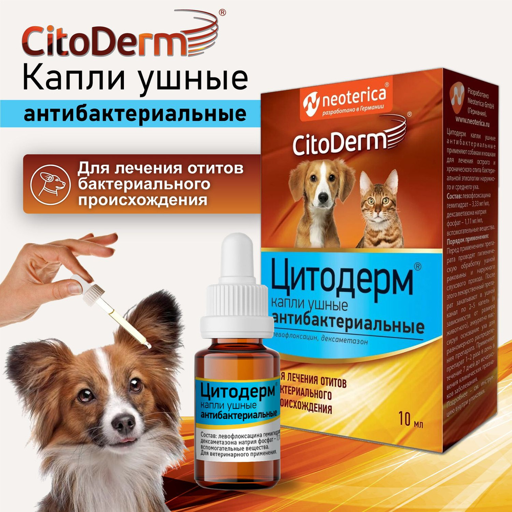 Капли ушные CitoDerm антибактериальные для кошек и собак 10 мл - купить с  доставкой по выгодным ценам в интернет-магазине OZON (175858942)