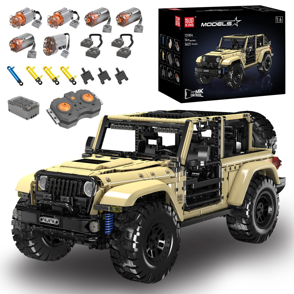 Конструктор Mould King 13184 Копия 1:6 внедорожника Wrangler с  пневматическим приводом,3621деталей