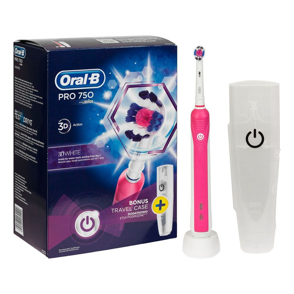 Электрическая зубная щетка Oral-B PRO 750 Pink.  Имеете склонность к образованию налета и предпочитаете найти этому решение прямо сейчас, не дожидаясь дальнейших осложнений с зубами? Хотите свести к свои минимуму будущие походы к стоматологу?  Вы можете поспособствовать этому прямо сейчас – купив электрическую зубную щетку Braun Oral-B PRO 750 розовая + футляр, которая способно легко избавить вас от налета и излишнего скопления бактерий на поверхности зубов!