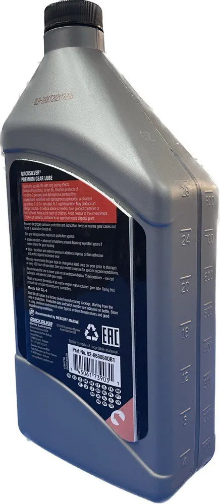 Масло трансмиссионное, QUICKSILVER, Gear Lube Premium, SAE 80W-90, минеральное, для моторов до 75 л.с., 1 л, 75 л, 1 л, фото 3