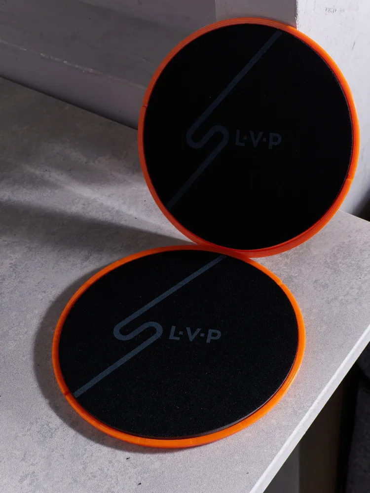 Диски для фитнеса, слайдеры для глайдинга LVP, набор для скольжения из 2 штук с мешочком для хранения, цвет черный, оранжевый, фото 6