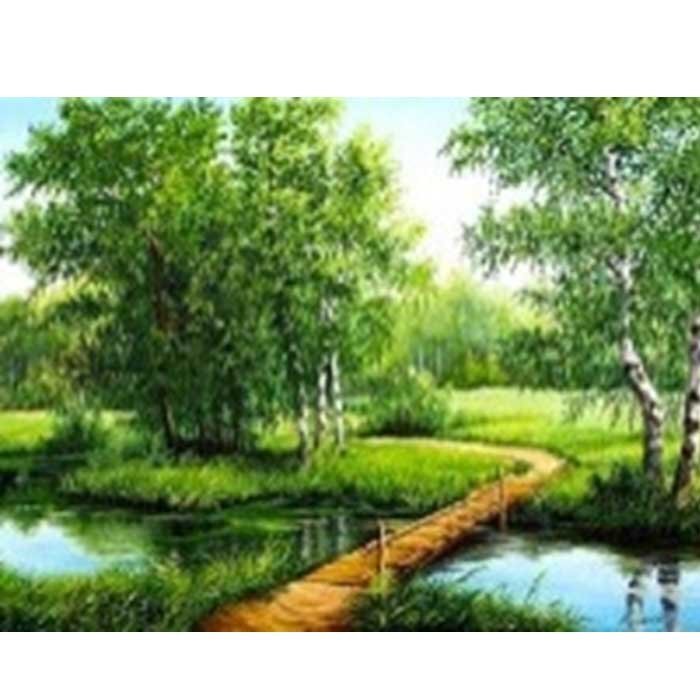 Алмазная мозаика на подрамнике, 40x50. Мостик через реку, полное заполнение.