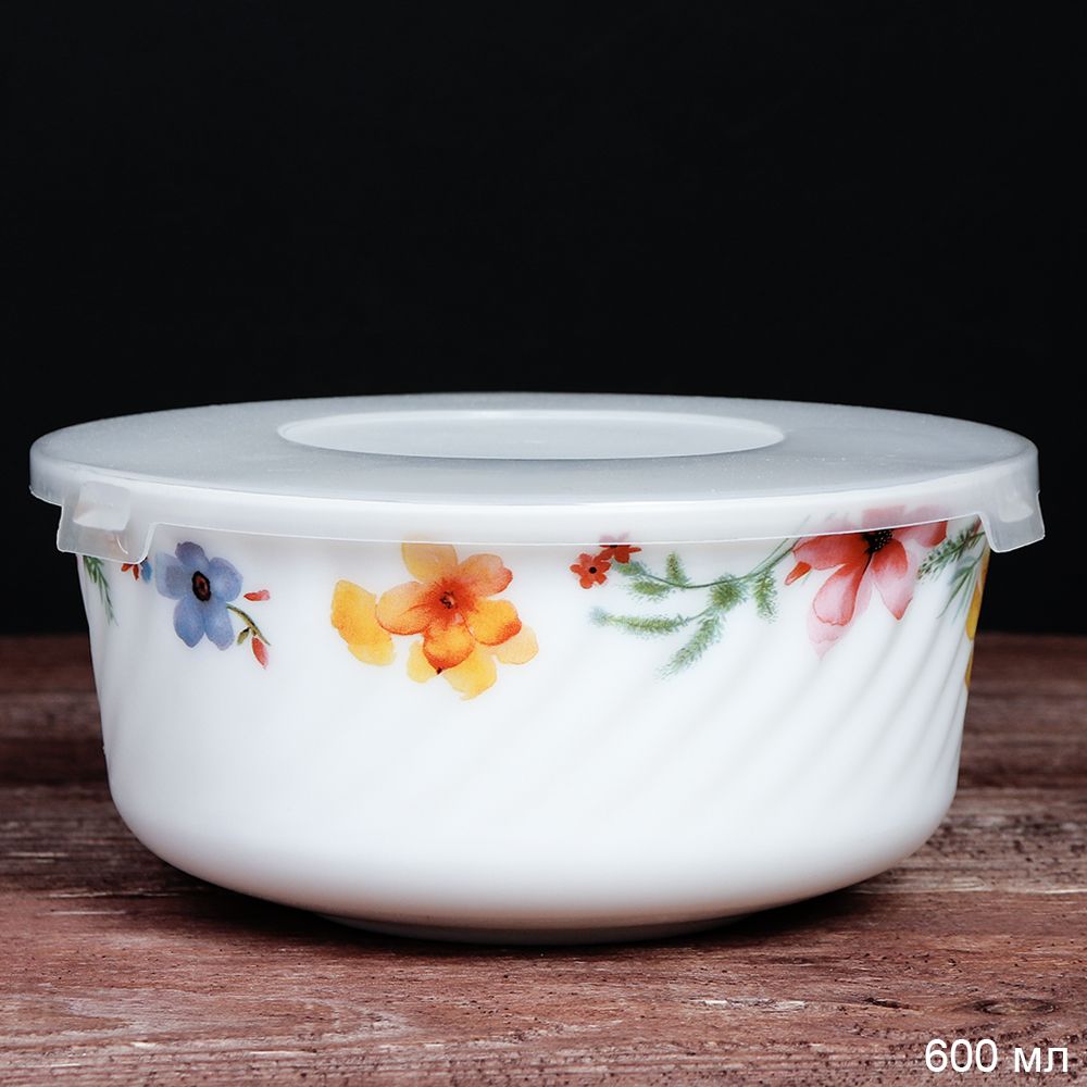 Салатник WHITE LILY с крышкой Луговые цветы , 600 мл, стеклокерамика