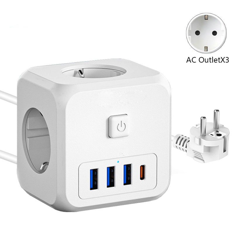 Тройник-удлинитель1.5метра,сUSB,Type-CPowerCube,3гнезда220V,3USB2100mA/1Type-C3400mA,cзаземлением,защитныешторки,16A/4000Вт.