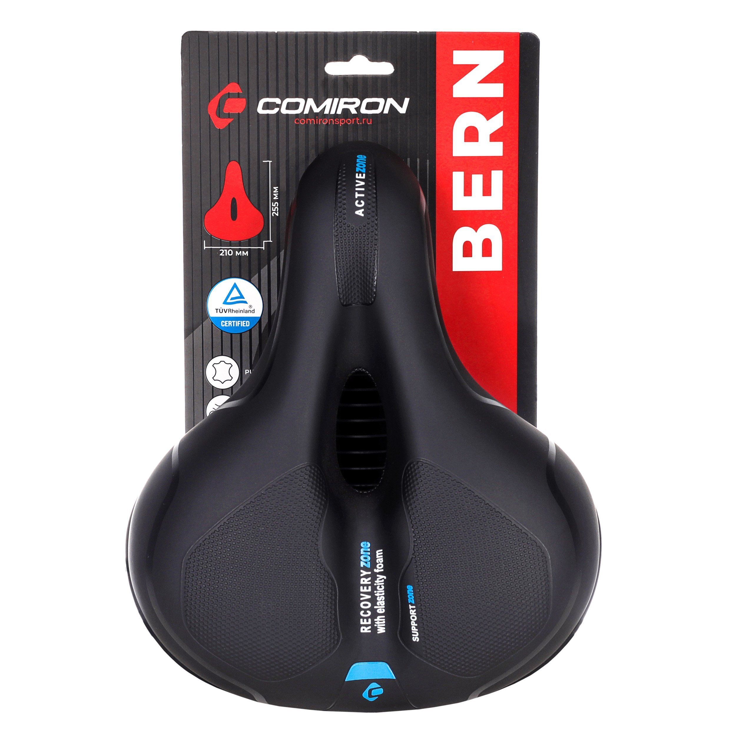 Седло велосипедное комфортное COMIRON BERN N669A 255x210, Технологии: ED, Эластомер, Верх: PU с пресс. принтом, цвет: чёрный, голубой Седло велосипедное комфортное COMIRON BERN N669A 255x210, Технологии: ED, Эластомер, Верх: PU с пресс. принтом, цвет: чёрный, голубой