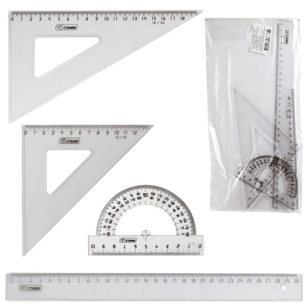 Набор чертежный СТАММ большой (линейка 30 см, 2 угольника, транспортир), прозрачный (НГ15)  #1