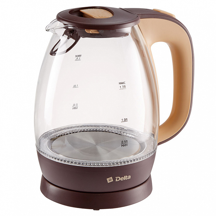 Delta Электрический чайник DL-1203 2200Вт, 1,7л стекло коричневый с бежевым, бежевый  #1