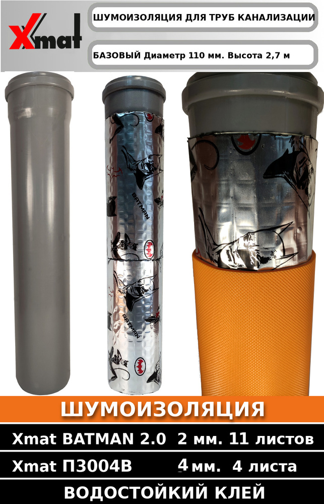Комплект шумоизоляции для канализационной трубы Базовый (BATMAN 2.0 - 11л + П3004В - 4л)  #1