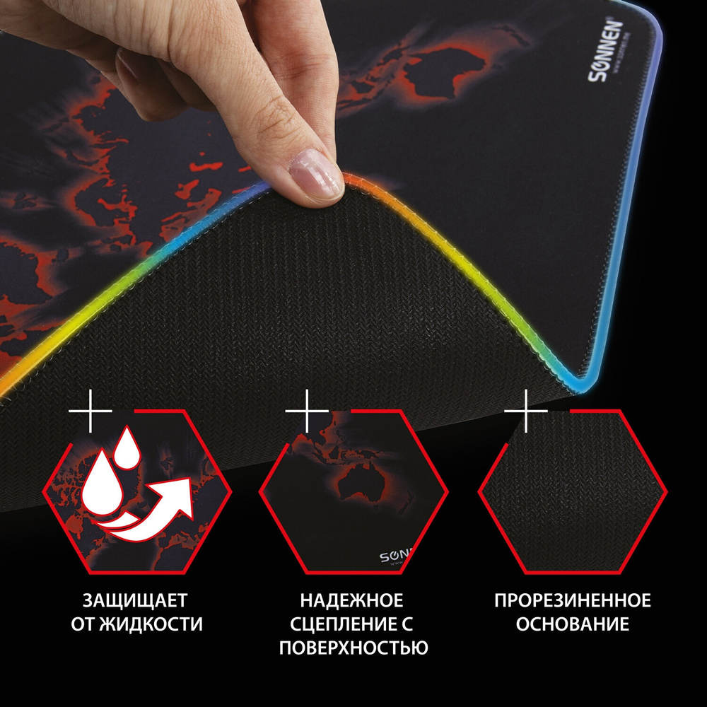 Коврик для мыши с подсветкой SONNEN "LIGHTING", резина+ткань, 350х270х4 мм, чёрный, 513316. Комплект #1