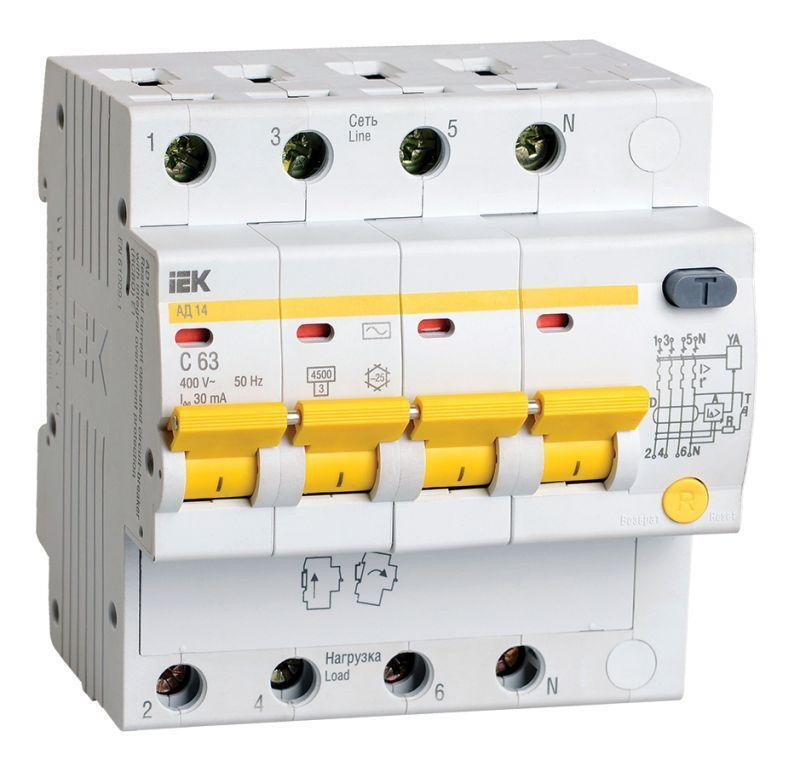 Выключатель автоматический дифференциального тока 4п C 63А 30мА тип AC 4.5кА АД-14 IEK MAD10-4-063-C-030 #1