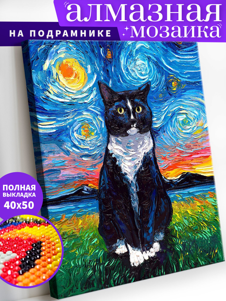 Алмазная мозаика по номерам на холсте 40х50 с подрамником Art on Canvas ANN30 "Кот Ван Гога"/картина #1