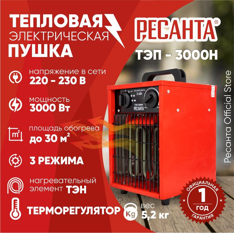 Тепловая электрическая пушка ТЭП-3000Н компактная Ресанта / 3000 Вт /  обогреватель в комнату и дом / мощный обогрев в помещение - купить по  выгодной цене в интернет-магазине OZON.ru (636166897)