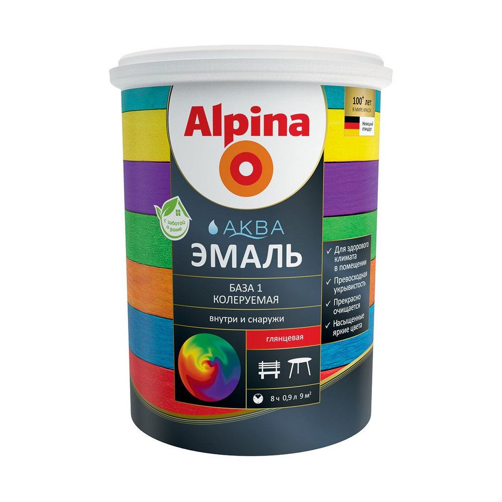 Эмаль по металлу Alpina Аква, акриловая, глянцевая, база 1, белая, 0,9 л  #1