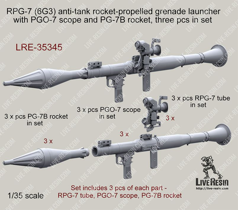 Live Resin Реактивный противотанковый гранатомет РПГ-7 с оптическим прицелом ПГ-7, 3 шт., 1/35, Сборная #1