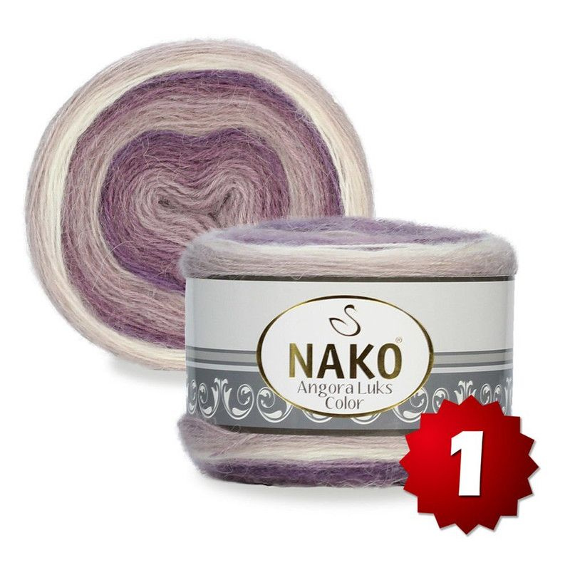 Пряжа Nako Angora Luks Color -1 шт, серый/сирень/белый (82360), 810м/150г, 5% мохер, 15% шерсть, 80% #1