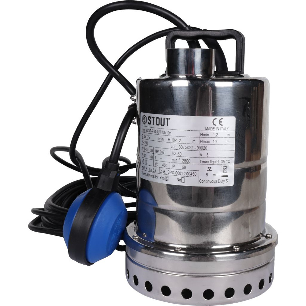 Насос дренажный STOUT SPD-0001-200450 с поплавком, кабель 10 м, 230V, Q 175 л/мин, H 10 м #1