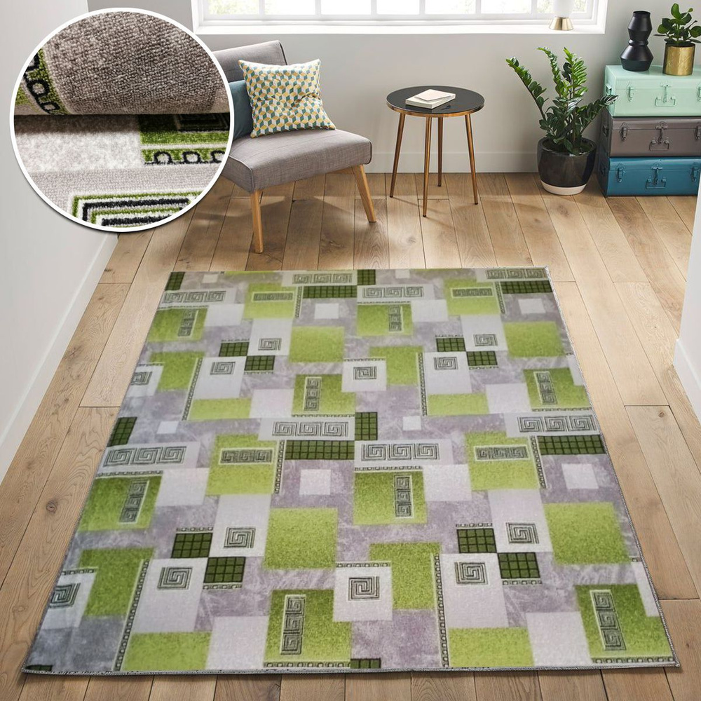 Витебские ковры Ковер Green point с геометрическим узором "квадраты" в скандинавском стиле, большой зеленый #1