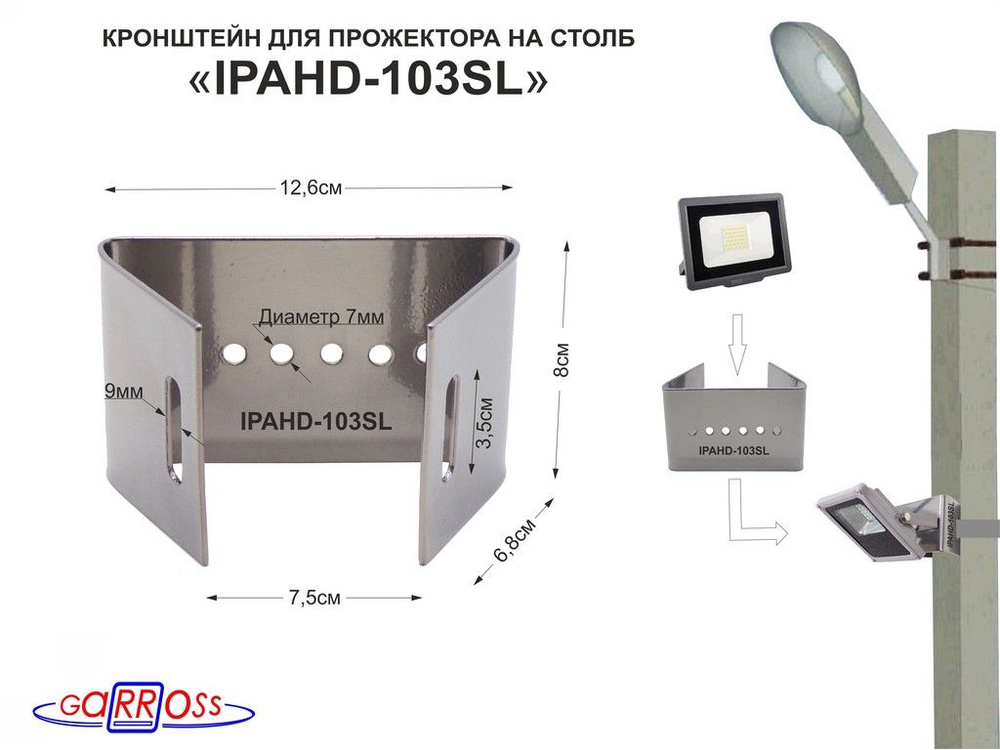 Кронштейн "IPAHD-103SL" для прожектора на столб под СИП-ленту, вылет 0,08м  #1