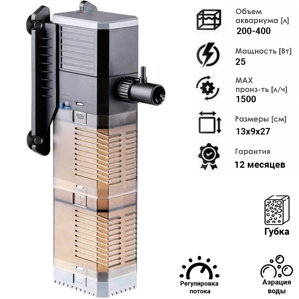 Фильтр внутренний для аквариума от 200 до 400 литров, Sunsun CHJ-1502. С  регулятором потока и насадкой для мелкой аэрации кислородом. - купить с  доставкой по выгодным ценам в интернет-магазине OZON (321611796)