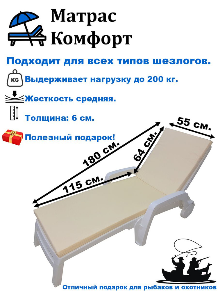 Матрас для шезлонга Комфорт, Беспружинный, 55х180 см #1