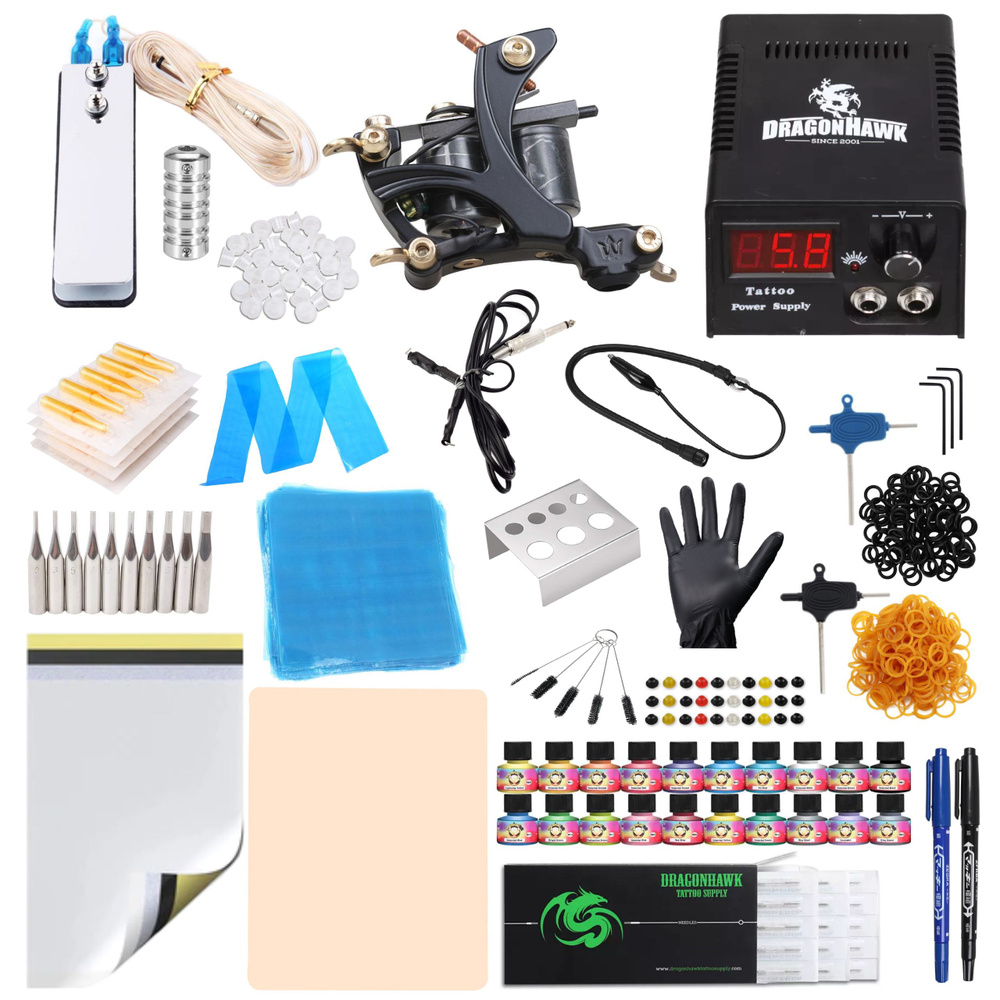 Тату набор из машинки, блока питания, иголок и других расходных ...