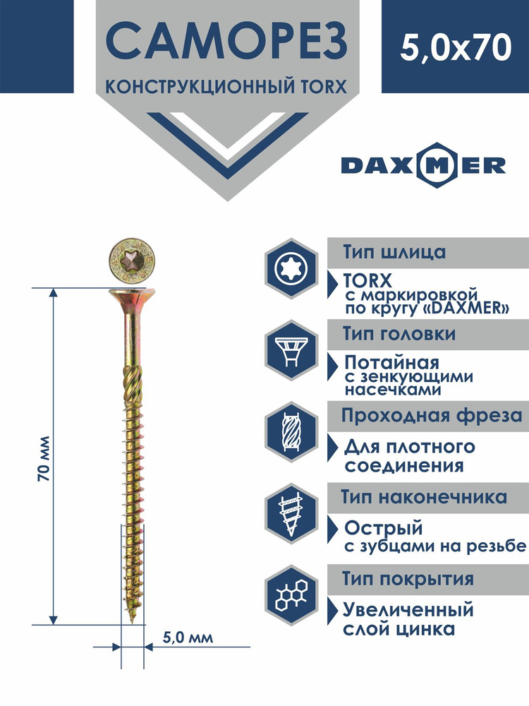 Саморез универсальный Torx Daxmer 5,0х70 (250 шт) #1