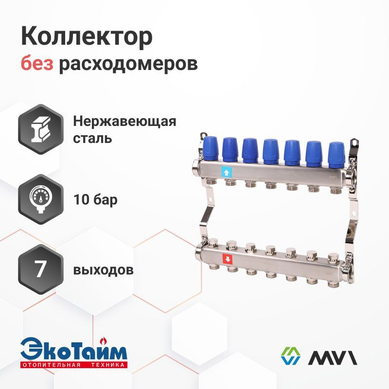 Коллектор MVI из нержавеющей стали в сборе для отопления, 7 выходов / контуров / отводов  #1