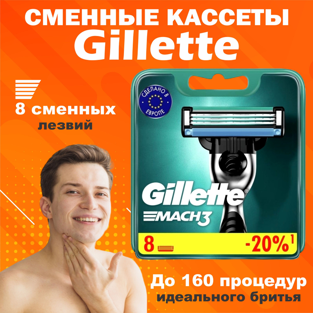 Сменные Кассеты Gillette Mach3, 8 шт / Сменные Кассеты Джилет c ...