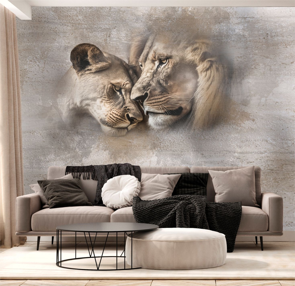 Фотообои Dekor Vinil "Лев и львица в стиле гранж" 300х260 см. /Фотообои для спальни, гостиной с животными #1