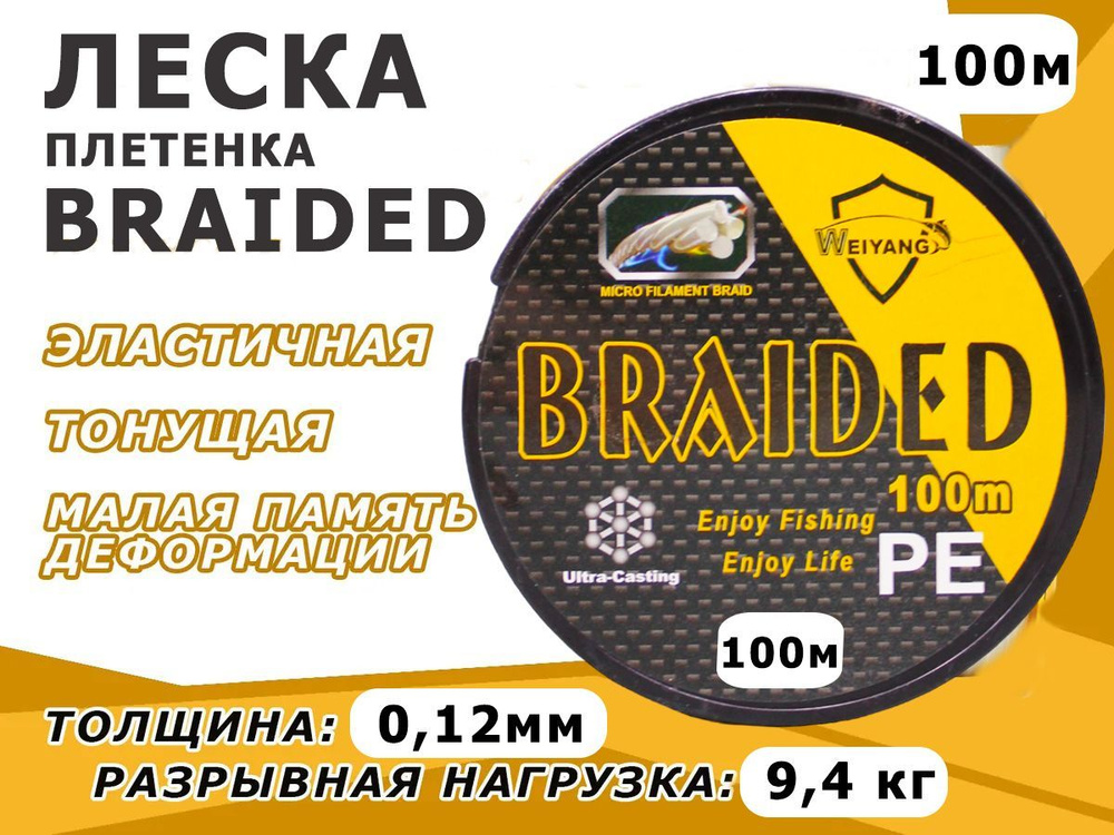 Леска плетенка для рыбалки BRAIDED 100 м, 0,12 мм, 9,4 кг #1