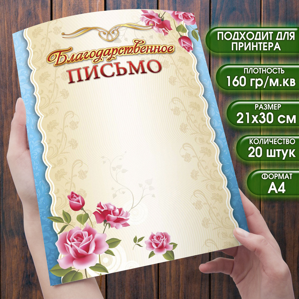 Бланк Благодарственное письмо. Набор 20 штук. Размер 21х30 см. (формат А4)  Бланки для принтера или рукописного заполнения. Шаблон диплома для печати.