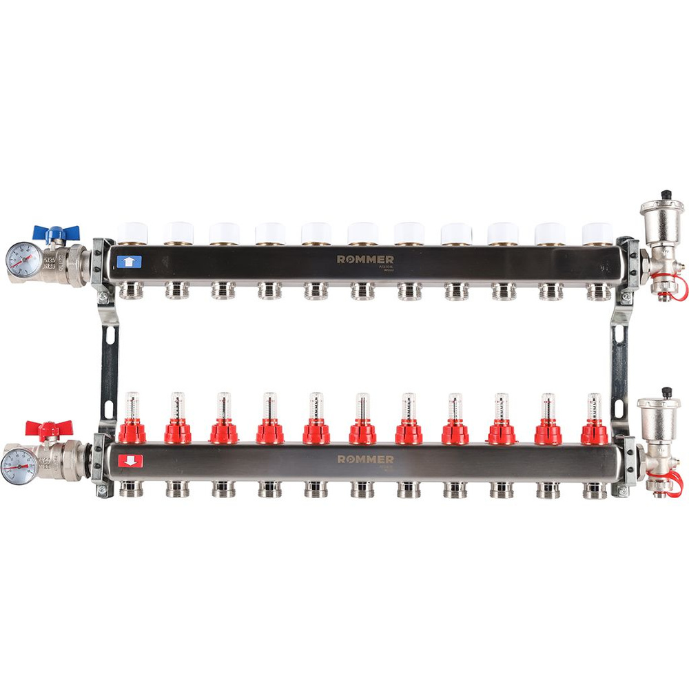 Коллектор для теплого пола ROMMER RMS-1210-000011 из нержавеющей стали в сборе с расходомерами 11 вых. #1