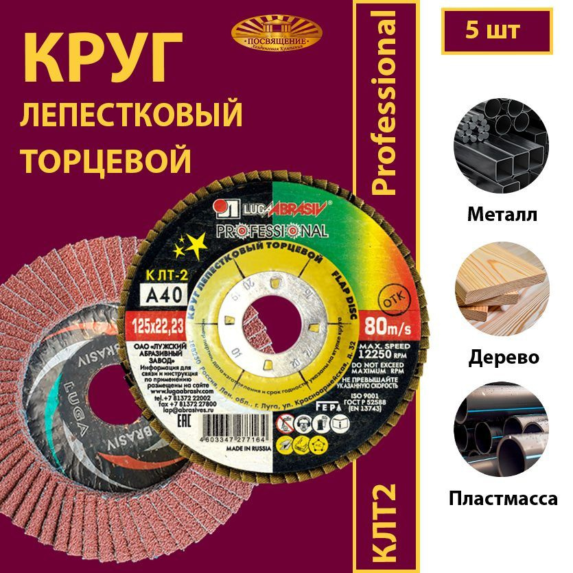 Круг лепестковый торцевой Professional КЛТ2 125 х 22.23 A40 80м/с (5 шт)  #1