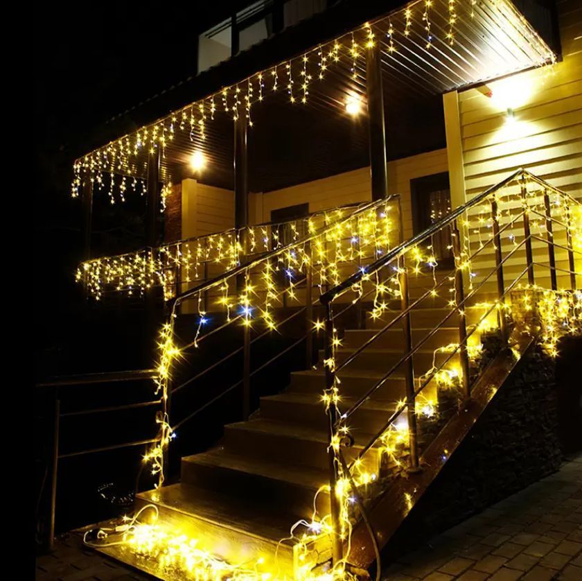 новогодняя подсветка фасада. подсветка крыши. электрическая гирлянда бахрома starhouse светодиодная 500 ламп, 12 м. гирлянда бахрома 3х1м звезда мультицвет. гирлянда бахрома 20 метров.